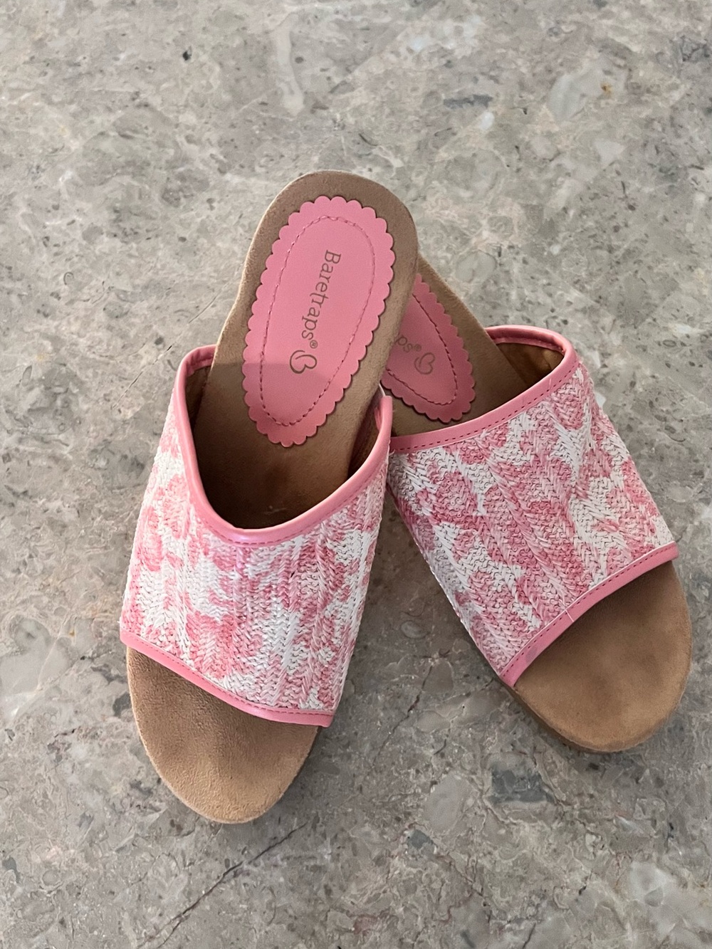 BareTraps Pink & White Patterned Slide Mules